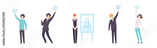 Public Auction Sale with People Character Bidding and Buying Goods Vector Set