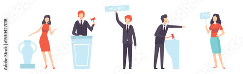 Public Auction Sale with People Character Bidding and Buying Goods Vector Set