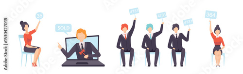 Public Auction Sale with People Character Bidding and Buying Goods Vector Set