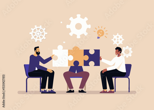 Teamwork and Collaboration Concept with Business People Connecting Jigsaw Puzzle Pieces to Solve a Problem and Generate New Ideas