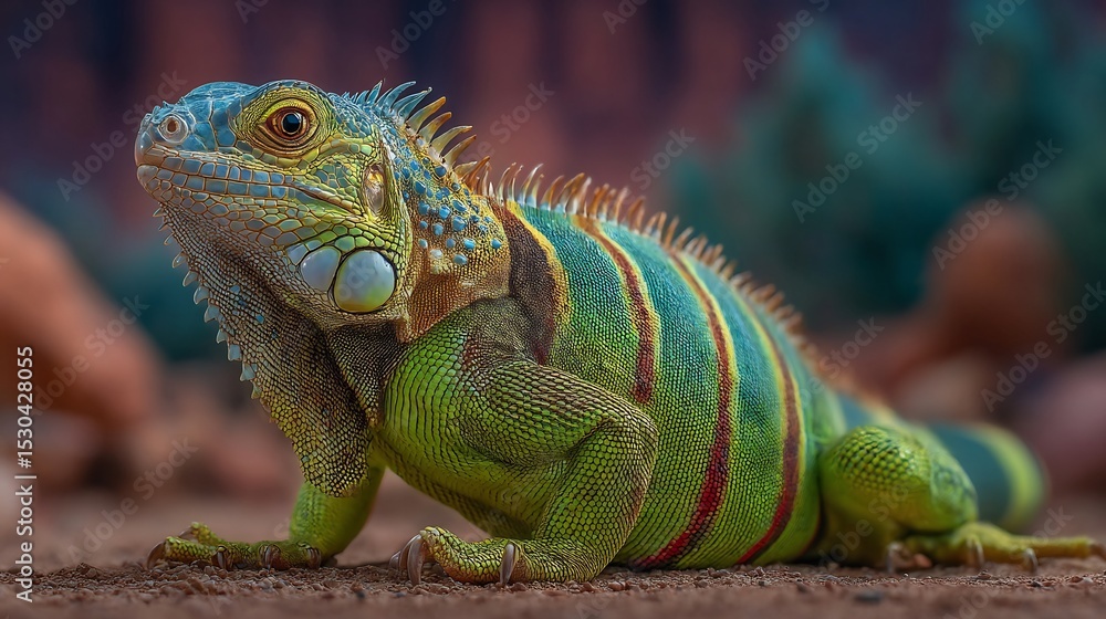 Obraz premium Vibrant iguana resting on the ground.