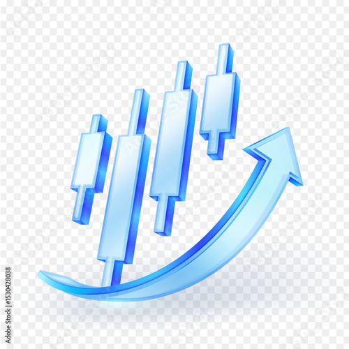 Positive financial market trend, featuring glass blue 3D candlestick charts and a prominent upward-curving arrow, symbolizing bullish market trend, growth and investments. Vector illustration.