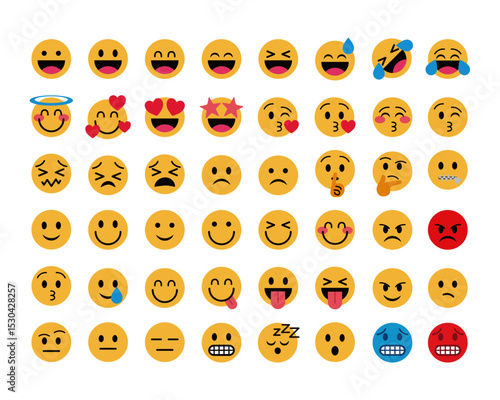 Flat Colorful Emoji Sticker Sheet – 48 Vector Emoticons with Diverse Facial Expressions