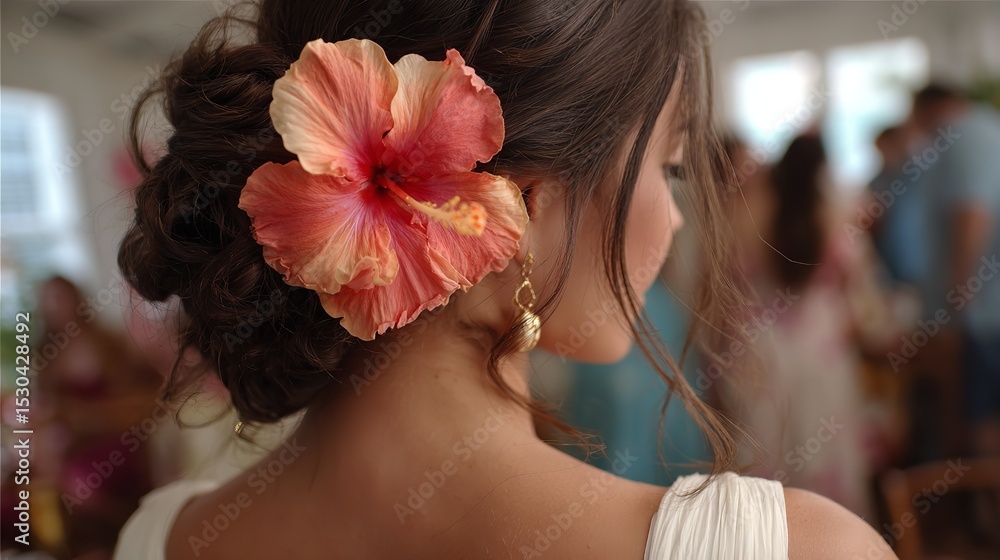 Naklejka premium Woman with updo hairstyle adorned with a hibiscus flower and gold earrings at a social gathering
