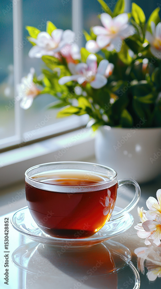 Glass cup of tea on saucer beside blooming flowers, sunlight streaming through window, peaceful morning mood Glass cup of tea on saucer beside blooming flowers, sunlight streaming through window, peaceful morning mood