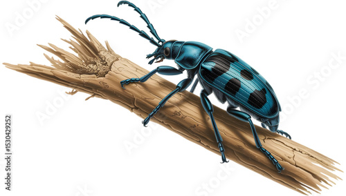 Blue Metallic Beetle Illustration on Branch Isolated on Transparent Background