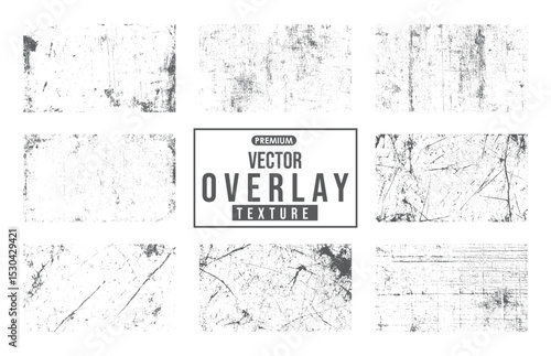 Overlays stamp texture with effect grunge, scratch, concrete and damaged. Overlay vector stamp dirty grainy grunge. Different paint textures with drop ink splashes and damage marks. 