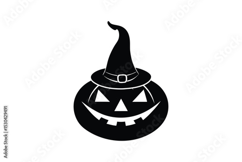 Silhouette art illustration of a floppy witch's hat on top of a pumpkin.eps