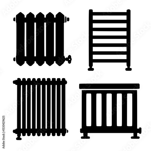 Set of four black silhouettes of different radiator designs  