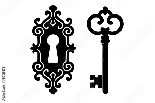 Vintage key and ornate keyhole silhouette graphic design