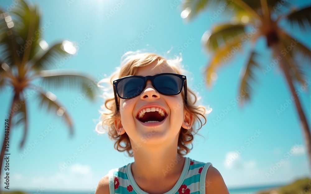 A joyful child wearing sunglasses smiles brightly in a tropical setting, surrounded by palm trees and a clear blue sky. High quality A joyful child wearing sunglasses smiles brightly in a tropical setting, surrounded by palm trees and a clear blue sky. High quality
