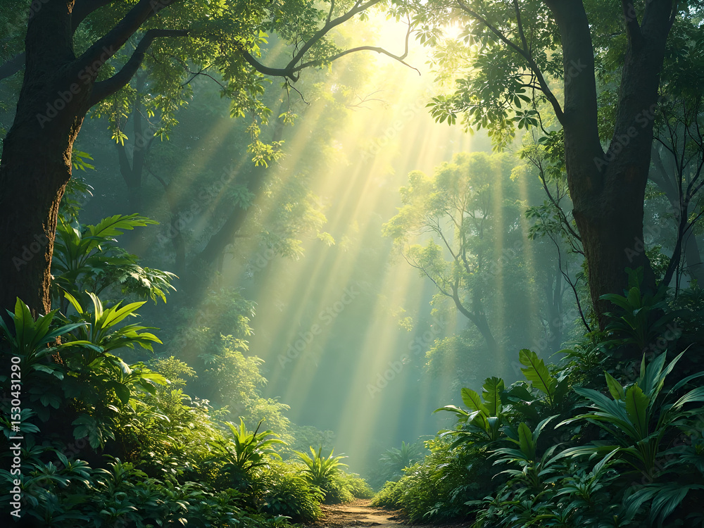Enchanting Forest Path with Sunbeams Enchanting Forest Path with Sunbeams
