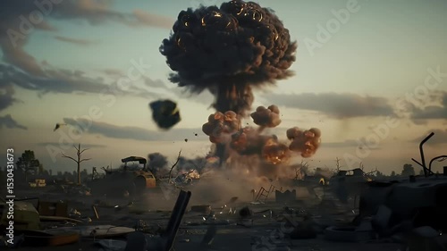 Mushroom Cloud From Atomic Bomb With Burning Debris Scattering Across Wasteland