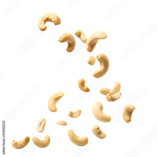 Many cashew nuts falling in the air isolated on transparent background