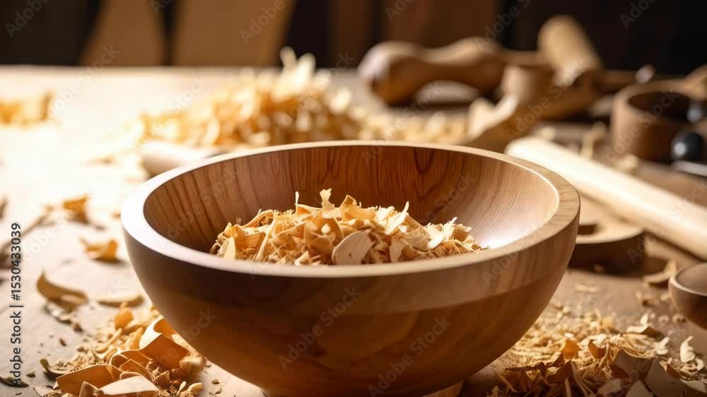 Handcrafted wooden bowl filled with wood shavings on workbench surrounded by woodworking tools in a woodshop, creating handcrafted art Handcrafted wooden bowl filled with wood shavings on workbench surrounded by woodworking tools in a woodshop, creating handcrafted art
