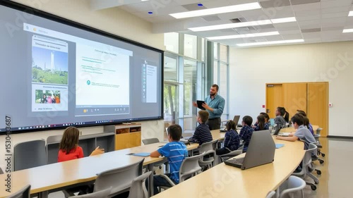 Modern classroom environment with teacher and students engaged in interactive learning, Modern Classroom with Students and Teacher Interacting with Technology