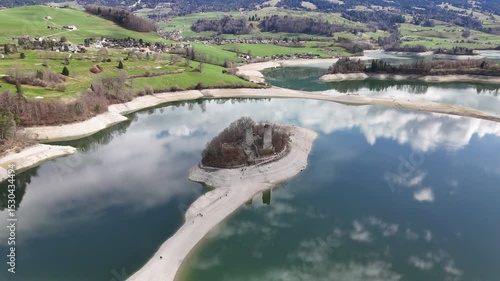 Aerial View of Île d'Ogoz in Lake Gruyère, Switzerland