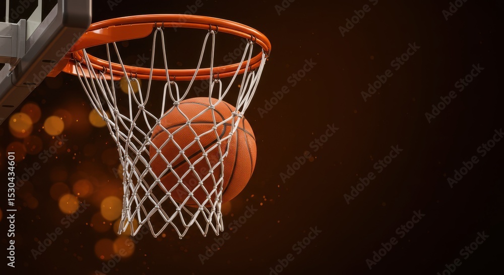Basketball swishing through net on dark background Basketball swishing through net on dark background