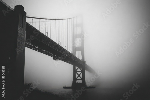 Golden Gate Bridge shrouded in fog: Dramatic black and white photography of iconic San Francisco landmark, perfect for travel blogs, moody atmospheric design projects, and cityscapes.