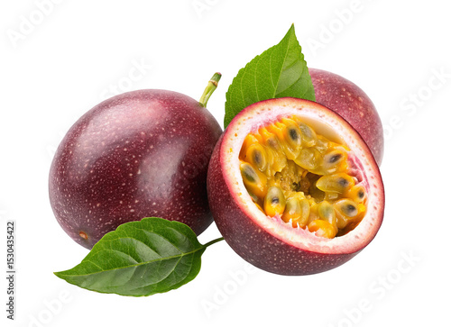 Passion fruit photography: fresh passionfruit with seeds and leaves on a black background closeup view