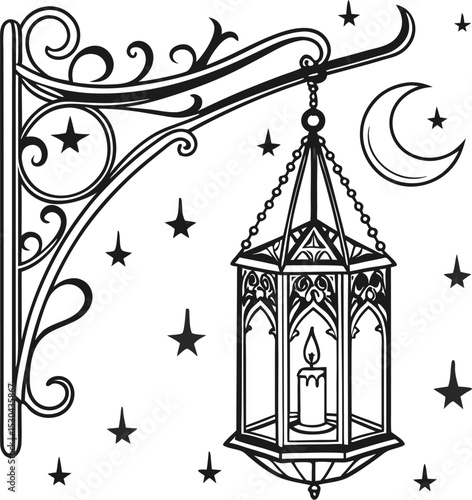 Vintage Gothic Lantern with Crescent Moon Hooks – Detailed Ink Drawing in Tattoo Style