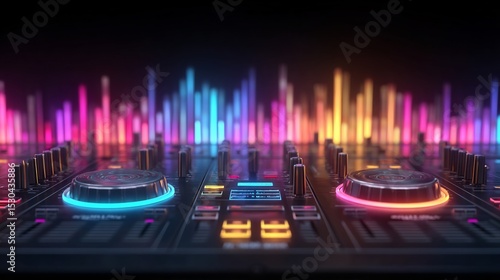 Close-up of a dj mixer with vibrant neon lighting.