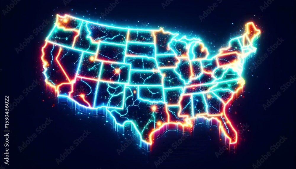 Fototapeta premium stylized USA map with glowing borders in neon colors, high detail, designed for microstock, no people, no animals, perfect lighting, visually balanced composition