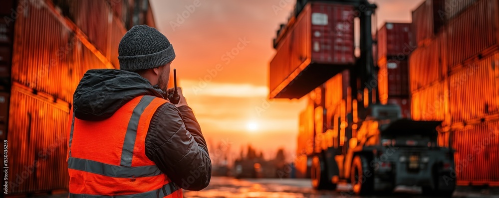 Obraz premium Foreman uses a walkie-talkie to coordinate container loading in the container yard, ensuring safety and efficiency in the operation