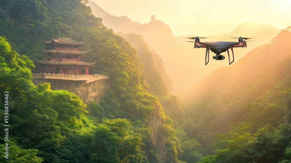 Fototapeta premium Drone over ancient temple nestled in a misty mountain valley at sunrise