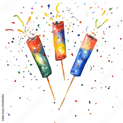 Confetti Poppers, watercolor painting vector, isolated on a white background.