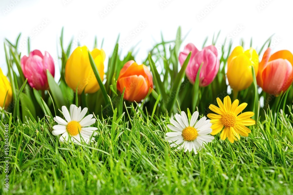 Fototapeta premium Vibrant tulips and daisies nestled in lush green grass against a bright white backdrop
