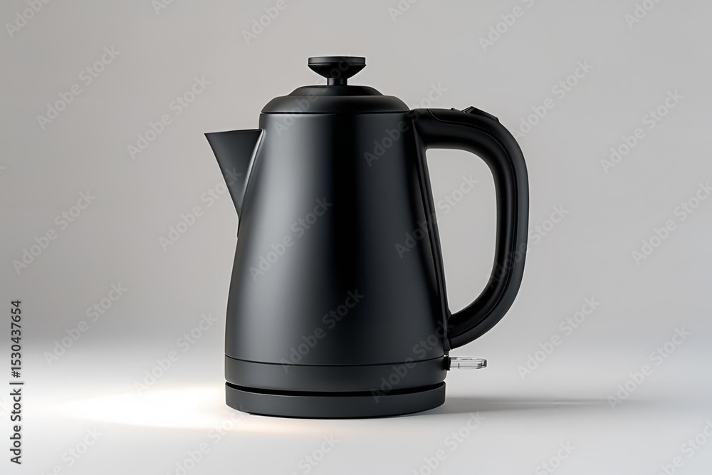 Obraz premium A matte black electric kettle shown from the front view, placed on a seamless white background, soft diffused lighting highlighting the kettle’s shape and texture.