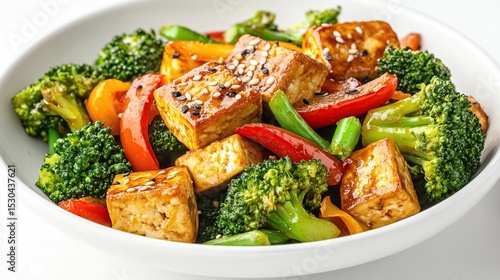 A white bowl filled with a stir-fry of tofu, broccoli florets, bell peppers, and green beans. The tofu is glazed with a dark sauce and sprinkled with sesame seeds
