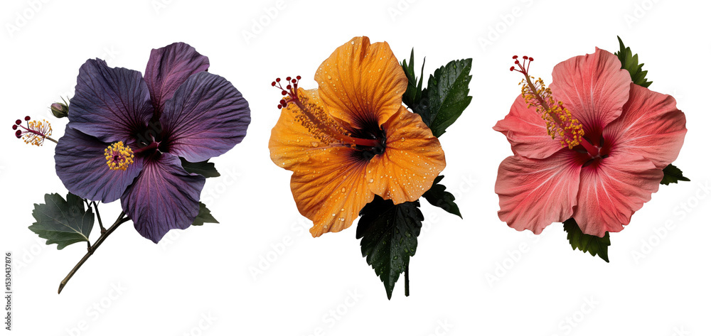 Fototapeta premium Three vibrant hibiscus flowers in purple, orange, and pink hues are displayed, each with detailed petals and prominent stamens, evoking sense of tropical beauty