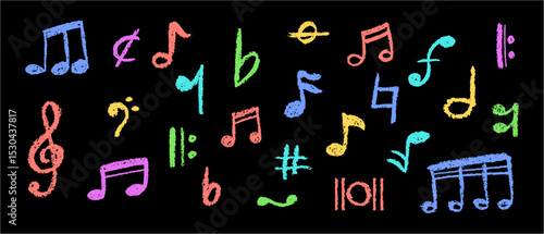 Charcoal-drawn vector music set with handwritten pop notes and symbols. Fun scribble style ideal for kindergarten or indie projects. Cute childish colorful music school pastel or wax pencil signs