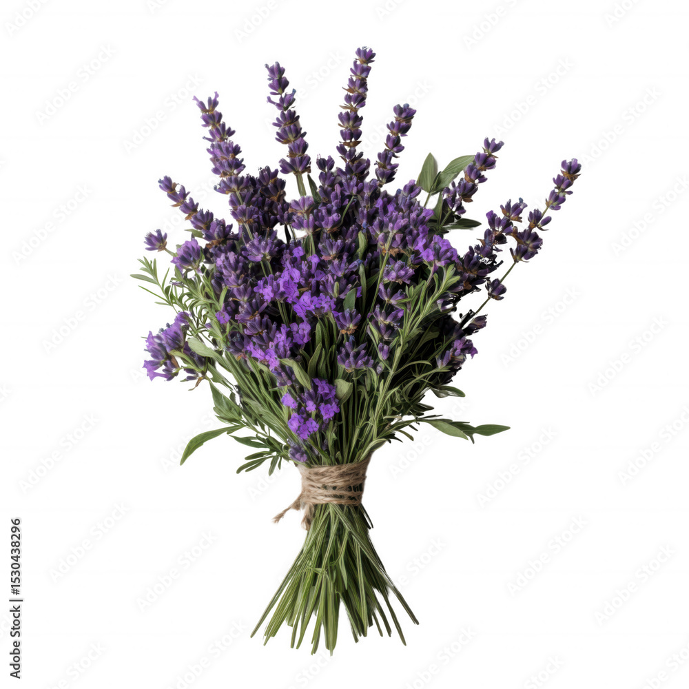 Obraz premium Bouquet of fresh lavender flowers tied with twine, showcasing vibrant purple blooms and green stems, evokes sense of calm and natural beauty