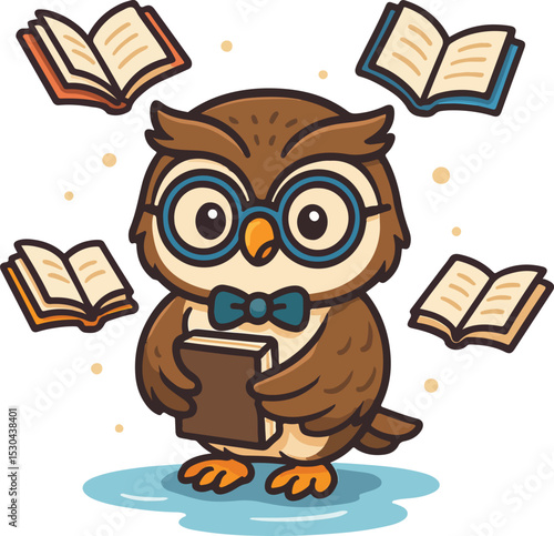 Wise Owl Librarian A smart owl, adorned with glasses and a bow tie, clutches a book amidst a flurry of floating open books