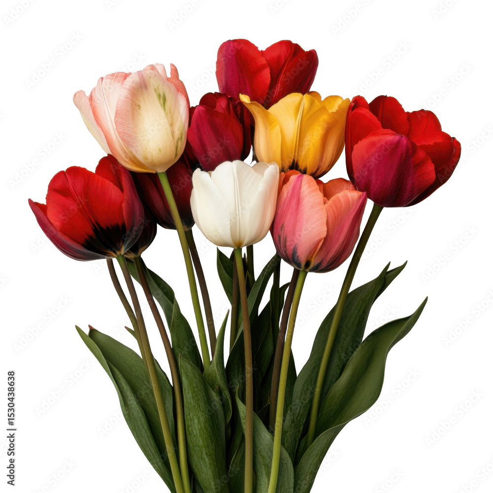 Fototapeta premium Vibrant bouquet of tulips in various colors, including red, white, and yellow, stands gracefully against plain background. fresh flowers are in full bloom, showcasing their delicate petals