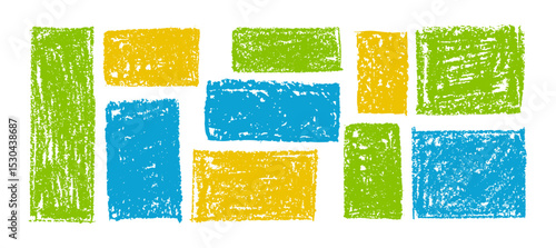 Kid doodle of rough rectangular shapes with blue, yellow, green pastel wax texture, resembling chalkboard or charcoal squiggle art. Grunge school style or kindergarden hand-drawn vector illustration.