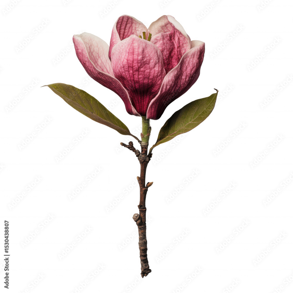 Fototapeta premium Single pink magnolia flower with green leaves on branch, isolated on transparency background, showcasing its delicate petals and natural beauty