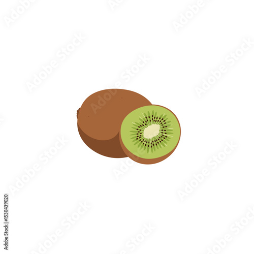 Fresh kiwi fruit displayed with a sliced half revealing its vibrant green interior