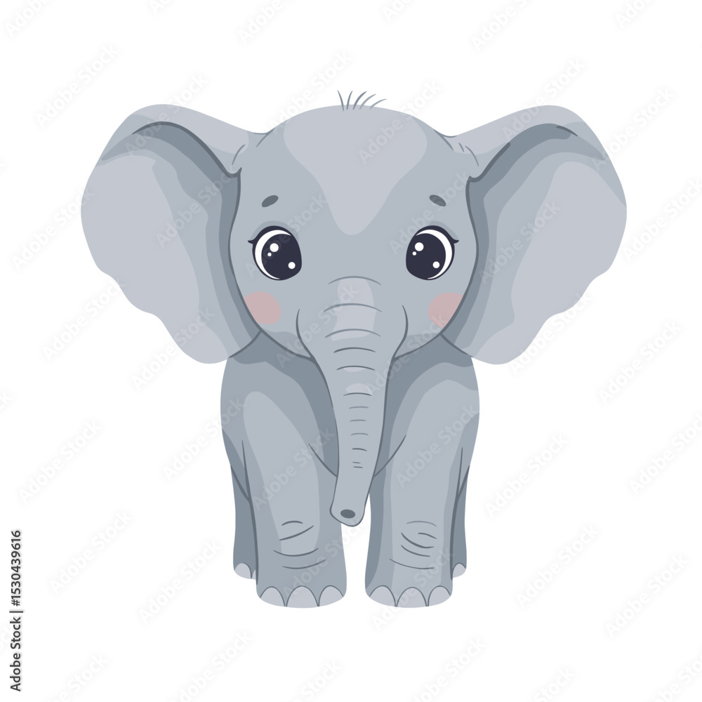 Fototapeta premium Cute cartoon elephant with big eyes and soft features against a simple white background