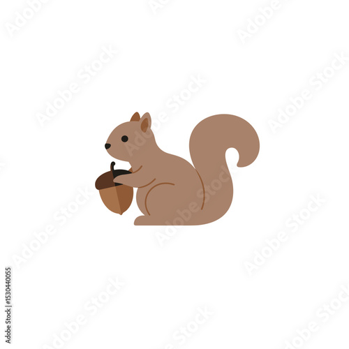 Cute cartoon squirrel holding an acorn, set against a minimalist white background