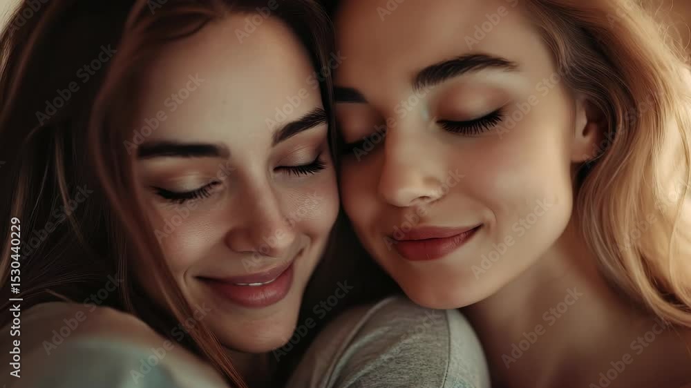 Loving couple shares a warm embrace at home during a cozy moment in the afternoon, Portrait of loving lesbian couple embracing at home and happy together, LGBT concept Loving couple shares a warm embrace at home during a cozy moment in the afternoon, Portrait of loving lesbian couple embracing at home and happy together, LGBT concept