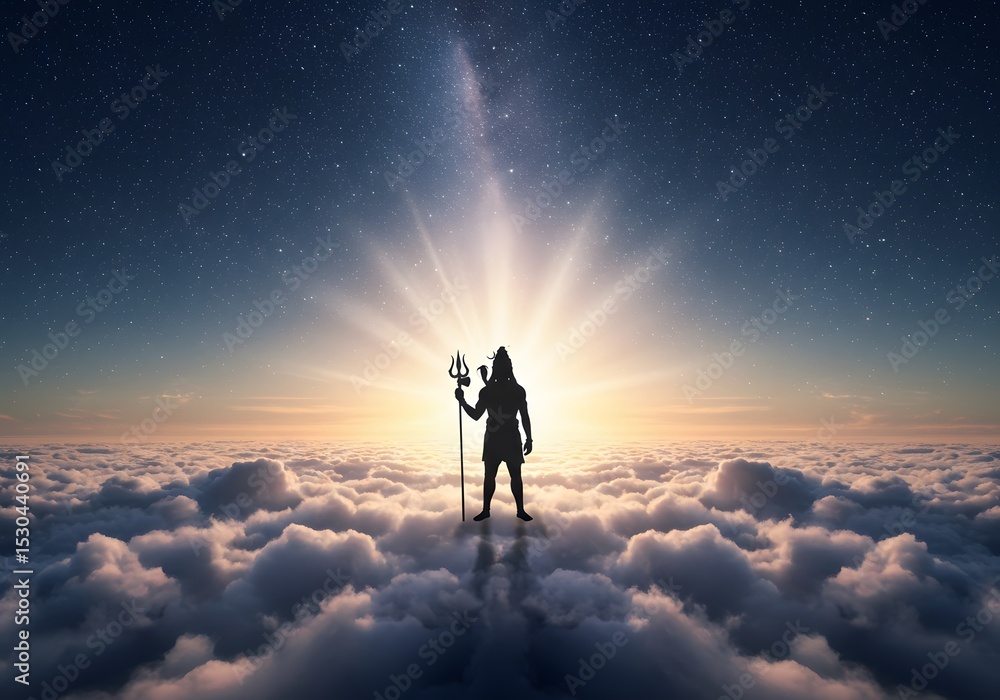 Fototapeta premium Shiva, the Destroyer, Stands Above the Clouds at Sunrise