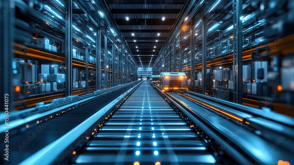 A fully automated AI warehouse where conveyor belts and robotic arms are connected by cables A fully automated AI warehouse where conveyor belts and robotic arms are connected by cables