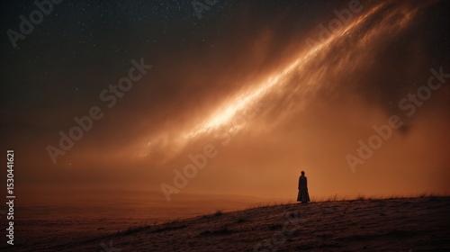 Cinematic Desert Scene: Person Watches Meteor Shower Up Close
