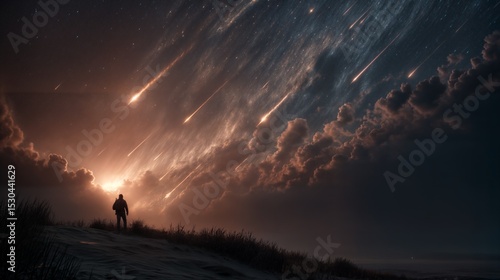 Cinematic Desert Scene: Person Watches Meteor Shower Up Close
