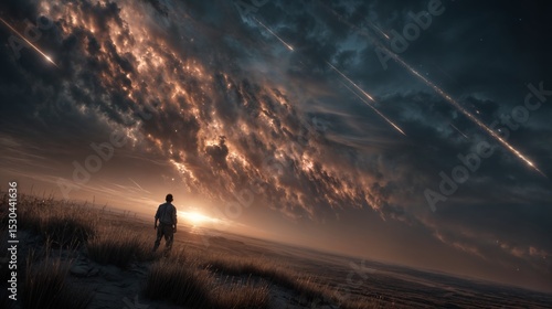 Cinematic Desert Scene: Person Watches Meteor Shower Up Close