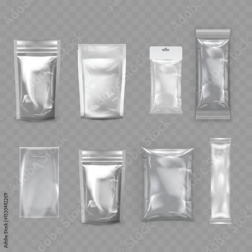 Transparent Plastic Packaging Mockup Set - Realistic Pouch Collection. Vector